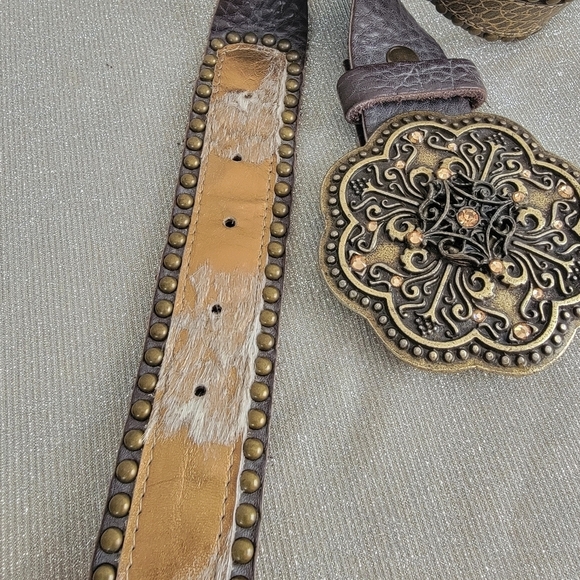 Western Brown Leather Belt with Ornate Buckle, Studs and Hides main image 6